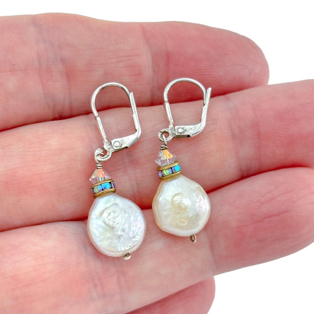 Vintage Sterling Silver 925 White Coin Pearl & Crystal Dangle Earrings
